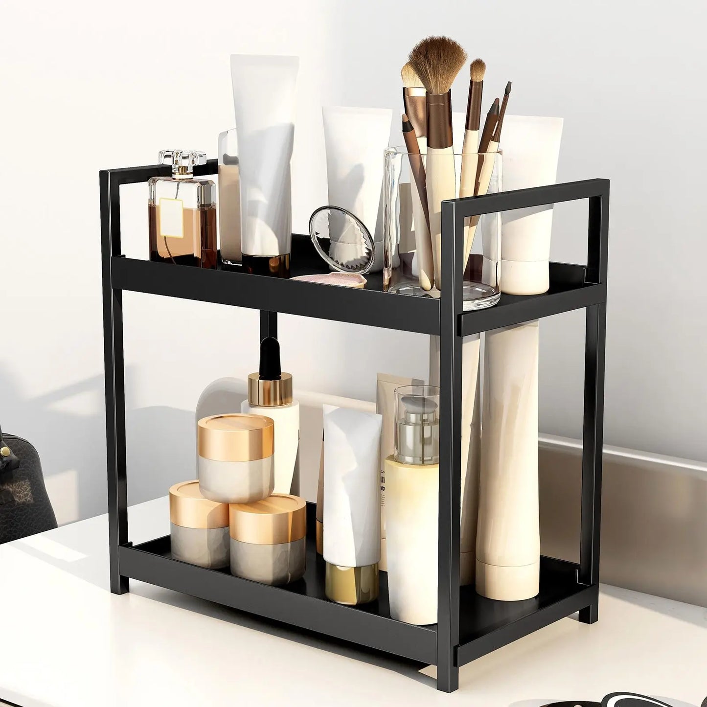 2-Tier Versatile Desktop Storage Rack for Cosmetics, Spices, and Beauty Supplies - Ideal Organizer Shelf for Kitchen, Bathroom, and Vanity
