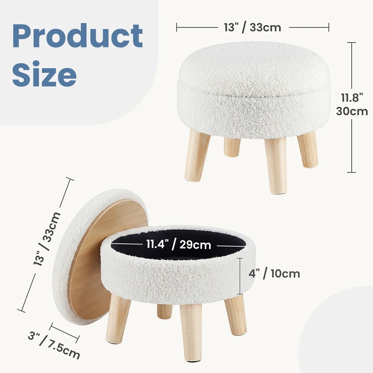 Modern Round Teddy Velvet Storage Ottoman with Soft Padded Seat and Wood Legs, Versatile Accent Table and Plant Stand for Hallway and Living Room